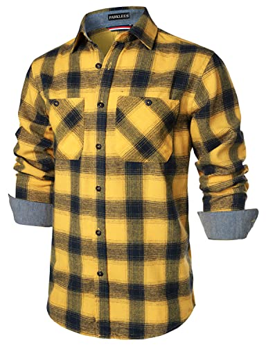 PARKLEES Herren-Fleece-Hemden mit Knopfleiste, klassisch, stilvoll, normale Passform, lässig, langärmelig, mit Tasche, gelb, L von PARKLEES