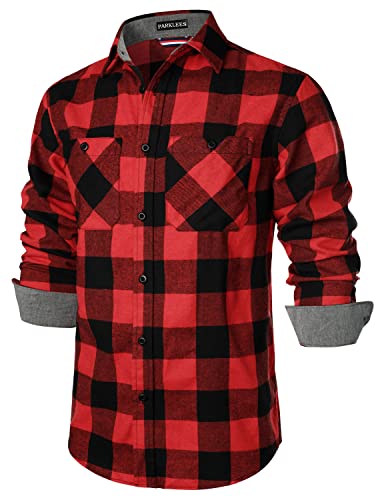 PARKLEES Herren-Fleece-Hemden mit Knopfleiste, klassisch, stilvoll, normale Passform, lässig, langärmelig, mit Tasche, rot / schwarz, XL von PARKLEES
