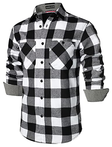 PARKLEES Herren Classic Stylish Regular Fit Casual Langarm Button Up Plaid Fleece Shirts mit Tasche, weiß/schwarz, XXL von PARKLEES