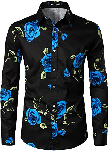 PARKLEES Herren Floral Printed Langarm Button Down Party Casual Fancy Floral Shirts, Pzlcl37-105-black Royal, M von PARKLEES