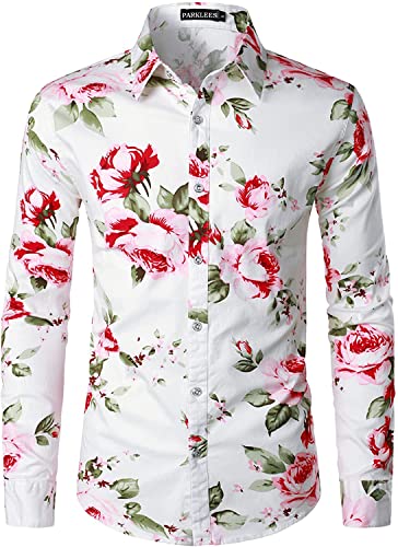 PARKLEES Herren Floral Printed Langarm Button Down Party Casual Fancy Floral Shirts, Pzlcl37-107-white Pink, S von PARKLEES