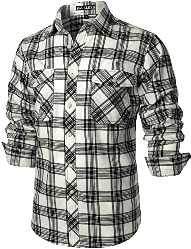 PARKLEES Herren Freizeithemden Regular Fit Button Down Check Kariert Flanellhemden mit Taschen PZLCL41 Beige L von PARKLEES