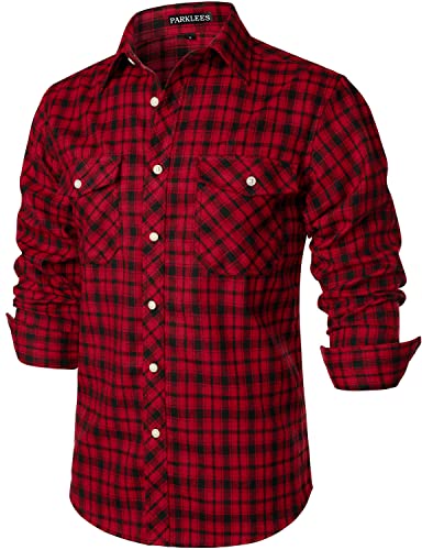 PARKLEES Herren Freizeithemden Regular Fit Button Down Check Kariert Flanellhemden mit Taschen PZLCL41 Bordeaux L von PARKLEES