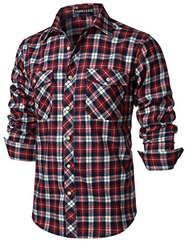 PARKLEES Herren Freizeithemden Regular Fit Button Down Check Kariert Flanellhemden mit Taschen PZLCL41 Marine Rot L von PARKLEES