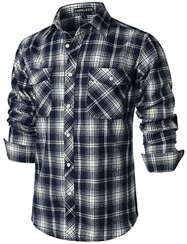 PARKLEES Herren Freizeithemden Regular Fit Button Down Check Kariert Flanellhemden mit Taschen PZLCL41 Marineblau L von PARKLEES