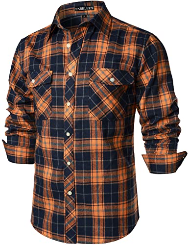 PARKLEES Herren Freizeithemden Regular Fit Button Down Check Kariert Flanellhemden mit Taschen PZLCL41 Orange M von PARKLEES