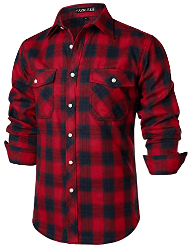 PARKLEES Herren Freizeithemden Regular Fit Button Down Check Kariert Flanellhemden mit Taschen PZLCL41 Rot Marine L von PARKLEES