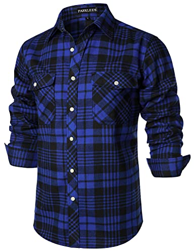 PARKLEES Herren Freizeithemden Regular Fit Button Down Check Kariert Flanellhemden mit Taschen PZLCL41 Royalblau L von PARKLEES