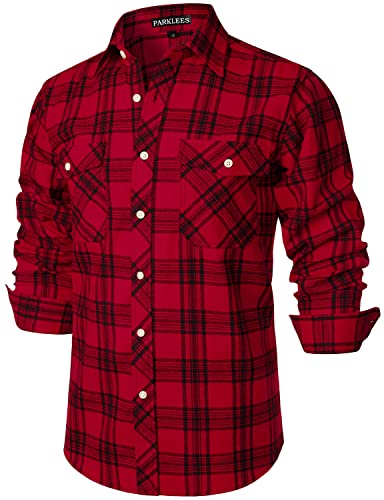 PARKLEES Herren Freizeithemden Regular Fit Button Down Check Kariert Flanellhemden mit Taschen PZLCL41 Schwarz Rot XXL von PARKLEES