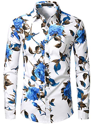 PARKLEES Herren Geblümt Langarm Sommer Freizeithemd Hawaiihemd Muster Langarmhemd 101 Blau XL von PARKLEES