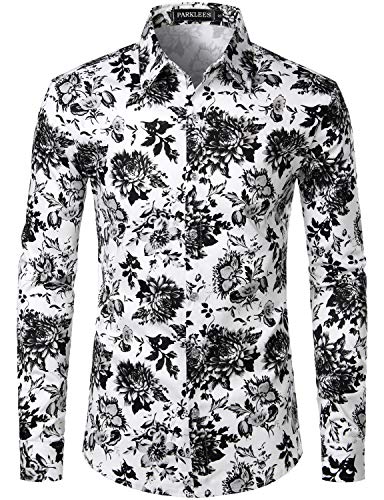 PARKLEES Herren Geblümt Langarm Sommer Freizeithemd Hawaiihemd Muster Langarmhemd 108 Schwarz XXXL von PARKLEES