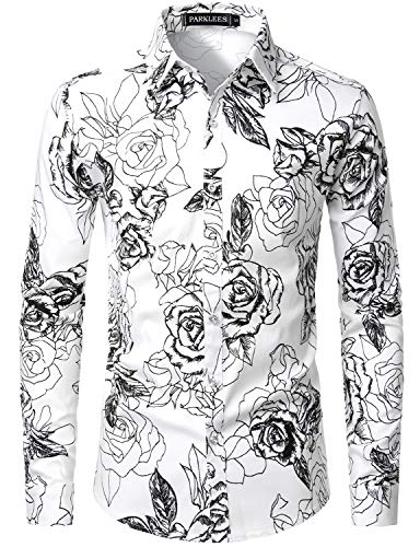 PARKLEES Herren Geblümt Langarm Sommer Freizeithemd Hawaiihemd Muster Langarmhemd 109 Weiß L von PARKLEES