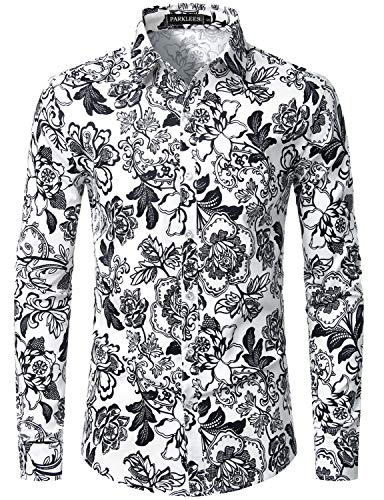 PARKLEES Herren Geblümt Langarm Sommer Freizeithemd Hawaiihemd Muster Langarmhemd 110 Weiß XXXL von PARKLEES