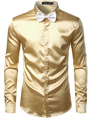 PARKLEES Herren Glänzend Slim Fit Satin Langarmhemd Frezeit Business Hemd für Party Nachtclub CL14 Champagne S von PARKLEES