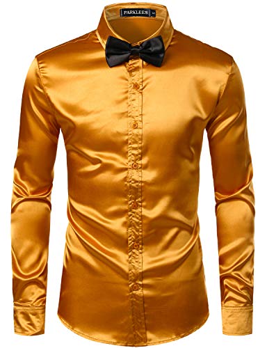 PARKLEES Herren Glänzend Slim Fit Satin Langarmhemd Frezeit Business Hemd für Party Nachtclub CL14 Golden L von PARKLEES