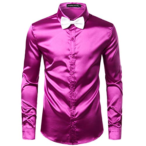 PARKLEES Herren Glänzend Slim Fit Satin Langarmhemd Frezeit Business Hemd für Party Nachtclub CL14 Lila L von PARKLEES