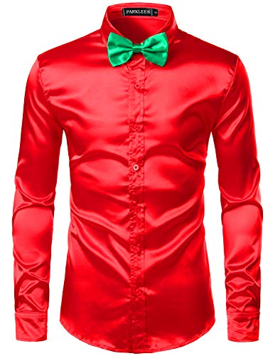 PARKLEES Herren Glänzend Slim Fit Satin Langarmhemd Frezeit Business Hemd für Party Nachtclub CL14 Rot XL von PARKLEES