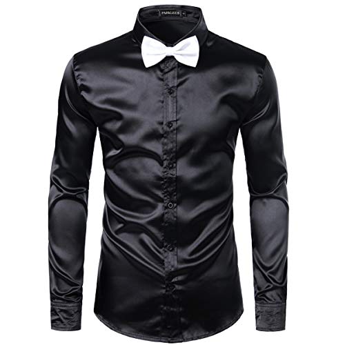 PARKLEES Herren Glänzend Slim Fit Satin Langarmhemd Frezeit Business Hemd für Party Nachtclub CL14 Schwarz M von PARKLEES