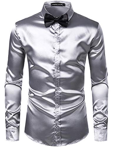 PARKLEES Herren Glänzend Slim Fit Satin Langarmhemd Frezeit Business Hemd für Party Nachtclub CL14 Silber M von PARKLEES