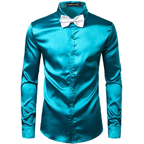 PARKLEES Herren Glänzend Slim Fit Satin Langarmhemd Frezeit Business Hemd für Party Nachtclub CL14 Türkis L von PARKLEES