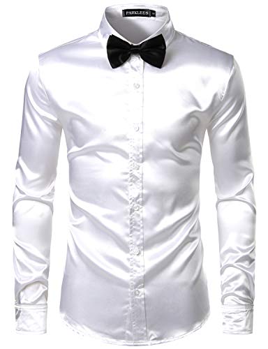 PARKLEES Herren Glänzend Slim Fit Satin Langarmhemd Frezeit Business Hemd für Party Nachtclub CL14 Weiß M von PARKLEES