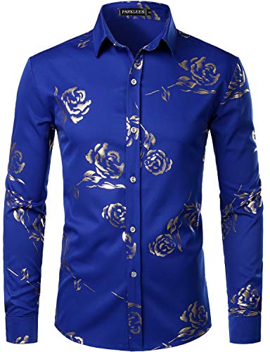 PARKLEES Herren Golden Rose Geblümt Slim Fit Casual Langarm Hemd Freizeithemd PZ56 Blau M von PARKLEES