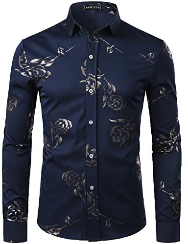 PARKLEES Herren Golden Rose Geblümt Slim Fit Casual Langarm Hemd Freizeithemd PZ56 Navy M von PARKLEES