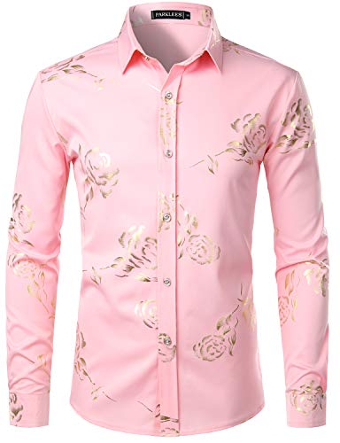 PARKLEES Herren Golden Rose Geblümt Slim Fit Casual Langarm Hemd Freizeithemd PZ56 Rosa XL von PARKLEES