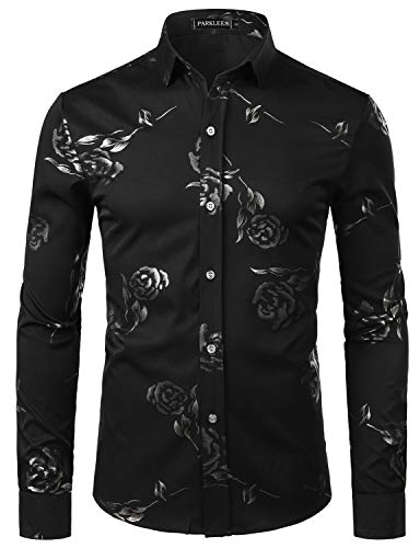 PARKLEES Herren Golden Rose Geblümt Slim Fit Casual Langarm Hemd Freizeithemd PZ56 Schwarz M von PARKLEES