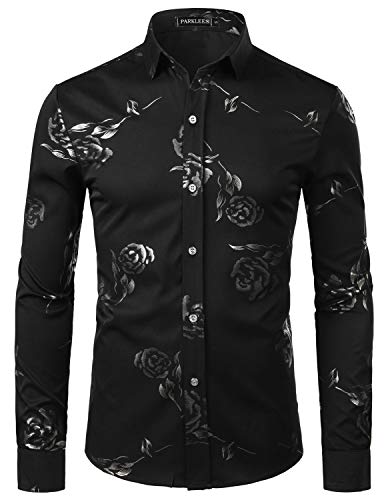 PARKLEES Herren Golden Rose Geblümt Slim Fit Casual Langarm Hemd Freizeithemd PZ56 Schwarz XL von PARKLEES