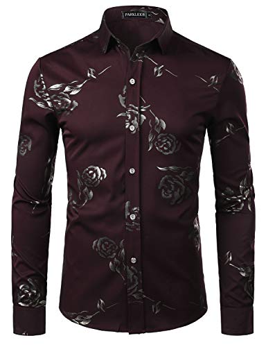 PARKLEES Herren Golden Rose Geblümt Slim Fit Casual Langarm Hemd Freizeithemd PZ56 Weinrot L von PARKLEES