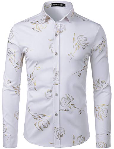 PARKLEES Herren Golden Rose Geblümt Slim Fit Casual Langarm Hemd Freizeithemd PZ56 Weiß S von PARKLEES