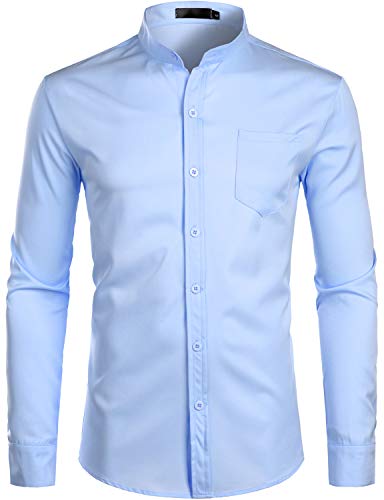 PARKLEES Herren Grandad Kragen Smart Dress Shirt Slim Fit Langarm Knopfleiste Hemden mit Tasche, hellblau, M von PARKLEES