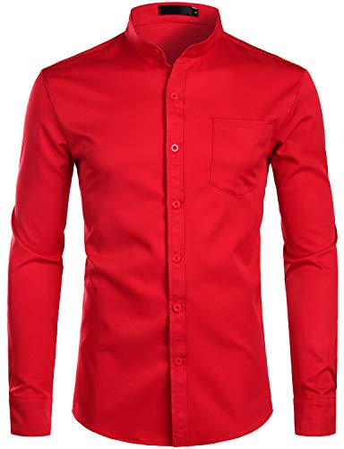 PARKLEES Herren Grandad Kragen Smart Dress Shirt Slim Fit Langarm Knopfleiste Hemden mit Tasche, rot, L von PARKLEES