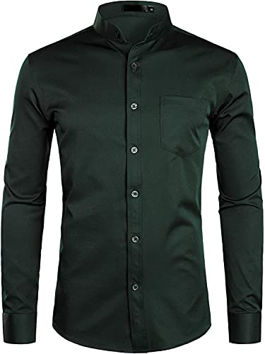 PARKLEES Herren Großvater Kragen Smart Kleid Hemd Slim Fit Langarm Knopfleiste Hemden mit Tasche, Deep Forest Green, L von PARKLEES