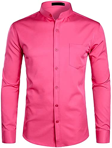 PARKLEES Herren Großvater Kragen Smart Kleid Hemd Slim Fit Langarm Knopfleiste Hemden mit Tasche, Desert Rose Red, L von PARKLEES