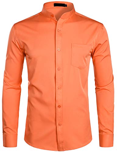 PARKLEES Herren Großvater Kragen Smart Kleid Hemd Slim Fit Langarm Knopfleiste Hemden mit Tasche, Orange, XL von PARKLEES