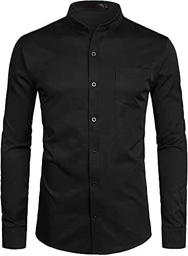 PARKLEES Herren Grandad Kragen Smart Dress Shirt Slim Fit Langarm Knopfleiste Hemden mit Tasche, Schwarz , XXL von PARKLEES