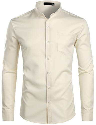 PARKLEES Herren Grandad Kragen Smart Dress Shirt Slim Fit Langarm Knopfleiste Hemden mit Tasche, beige, L von PARKLEES