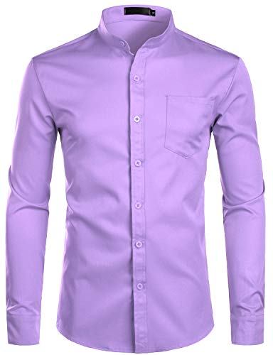 PARKLEES Herren Großvater Kragen Smart Kleid Hemd Slim Fit Langarm Knopfleiste Hemden mit Tasche, lavendel, XL von PARKLEES