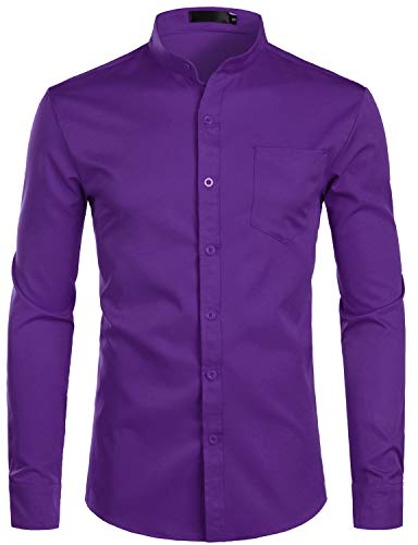 PARKLEES Herren Grandad Kragen Smart Dress Shirt Slim Fit Langarm Knopfleiste Hemden mit Tasche, violett, M von PARKLEES