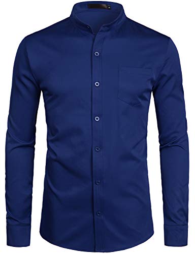 PARKLEES Herren Grandad Kragen Smart Dress Shirt Slim Fit Langarm Knopfleiste Hemden mit Tasche, navy, L von PARKLEES