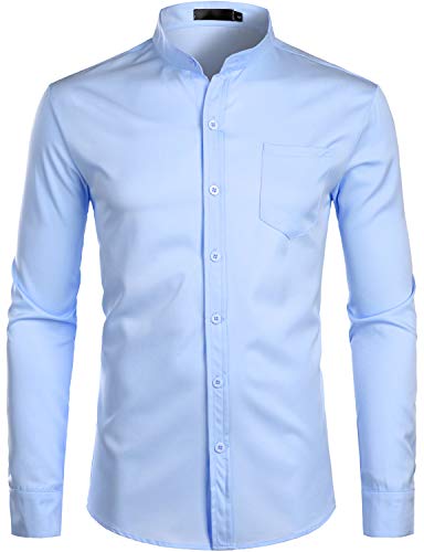 PARKLEES Herren Grandad Kragen Smart Dress Shirt Slim Fit Langarm Knopfleiste Hemden mit Tasche, hellblau, S von PARKLEES