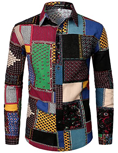 PARKLEES Herren Hemd mit traditionellem Ethno-Muster, bedruckt, Leinen, langärmelig, Knopfleiste, schwarz / grün, XL von PARKLEES