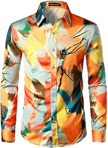 PARKLEES Herren Hipster Seidendruck Slim Fit Langarm Knopfleiste Satin Kleid Shirts, Zlcl36-104-yellow, L von PARKLEES