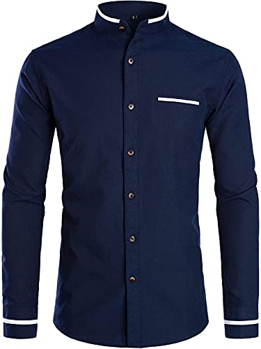 PARKLEES Herren Hipster-Design Grandad-Kragen Oxford-Hemd Slim Fit Langarm Casual Button Down Kleid Hemden mit Tasche, Pz113-Marine, XL von PARKLEES