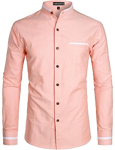 PARKLEES Herren Hipster-Design Grandad-Kragen Oxford-Hemd Slim Fit Langarm Casual Button Down Kleid Hemden mit Tasche, Pz113-Orange, 3XL von PARKLEES