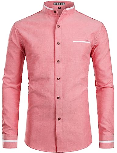 PARKLEES Herren Hipster-Design Grandad-Kragen Oxford-Hemd Slim Fit Langarm Casual Button Down Kleid Hemden mit Tasche, Pz113-rot, 3XL von PARKLEES