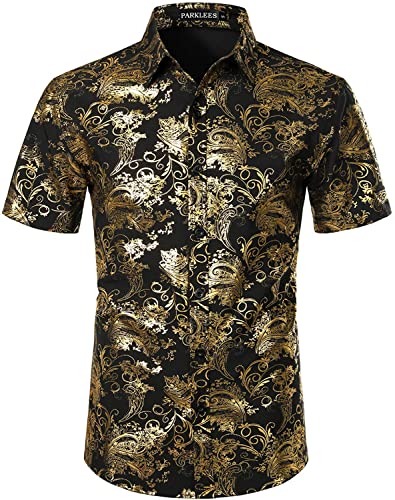 PARKLEES Herren Hipster Gold Rose Gedruckt Slim Fit Kurzarm Button Down Kleid Shirts, Cl23-schwarz Gold, L von PARKLEES