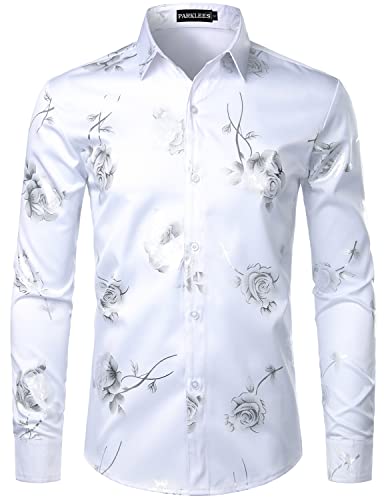 PARKLEES Herren Hipster Gold Rose Gedruckt Slim Fit Langarm Kleid Shirts/Prom Performing Shirts, Zzcl22-white Silber, M von PARKLEES